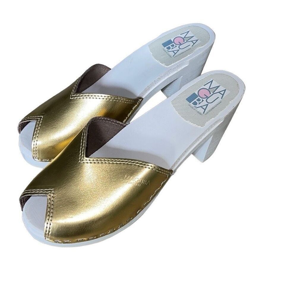MAGUBA WOMEN'S STOCKHOLM SWEDEN WOOD HEEL‎ Peep Toe Gold/White 39/9